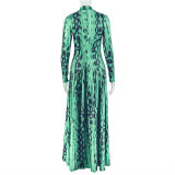 Retro High-neck Long-sleeved Printed Pleated A-line Dress With A Fitted Waist