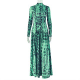 Retro High-neck Long-sleeved Printed Pleated A-line Dress With A Fitted Waist