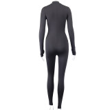 Casual Solid Color High Elasticity Slim Fit Long Sleeve Zipper Stand Collar Jumpsuit