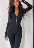 Casual Solid Color High Elasticity Slim Fit Long Sleeve Zipper Stand Collar Jumpsuit