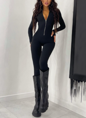 Casual Solid Color High Elasticity Slim Fit Long Sleeve Zipper Stand Collar Jumpsuit