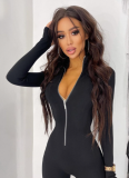 Casual Solid Color High Elasticity Slim Fit Long Sleeve Zipper Stand Collar Jumpsuit
