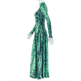 Retro High-neck Long-sleeved Printed Pleated A-line Dress With A Fitted Waist