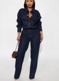 Fashionable Slim-fit Stretch Loose Washed Long-sleeved Denim Jumpsuit
