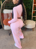 Solid Color Casual Cropped Top and Straight Leg Pants Tracksuit