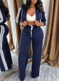 Casual Striped Hooded Cardigan Jacket and Straight-leg Trousers Two-piece Set