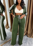Casual Striped Hooded Cardigan Jacket and Straight-leg Trousers Two-piece Set