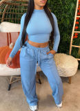 Solid Color Casual Cropped Top and Straight Leg Pants Tracksuit