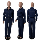 Fashionable Slim-fit Stretch Loose Washed Long-sleeved Denim Jumpsuit