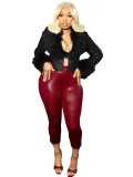 Stylish Plush V-neck Buckle Cardigan Short Fitted Leather Jacket Top