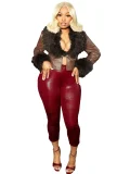 Stylish Plush V-neck Buckle Cardigan Short Fitted Leather Jacket Top