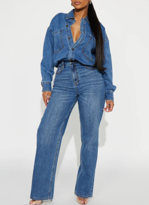 Fashionable Slim-fit Stretch Loose Washed Long-sleeved Denim Jumpsuit