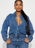 Fashionable Slim-fit Stretch Loose Washed Long-sleeved Denim Jumpsuit