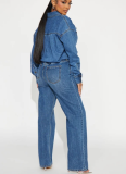Fashionable Slim-fit Stretch Loose Washed Long-sleeved Denim Jumpsuit