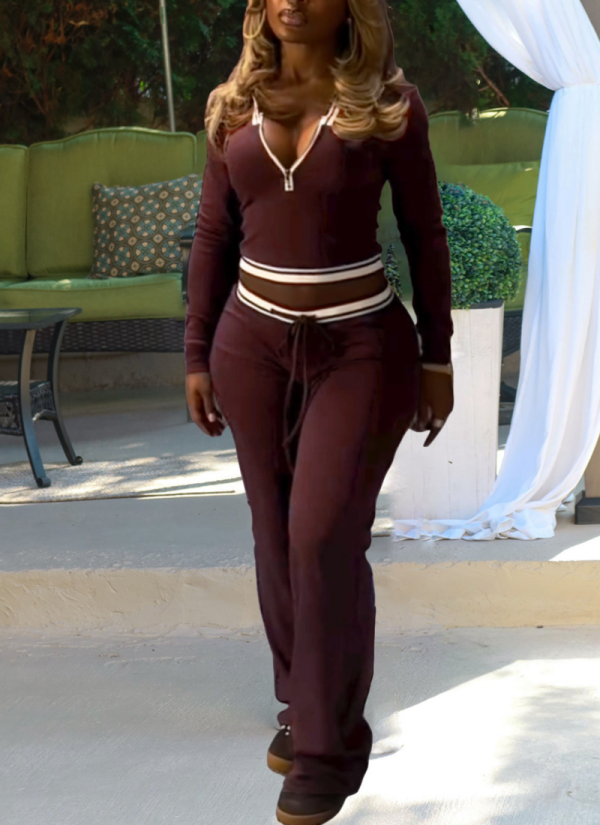 Stylish Lapel Half-zip Drawstring Wide-leg Pants Sports Two-piece Set