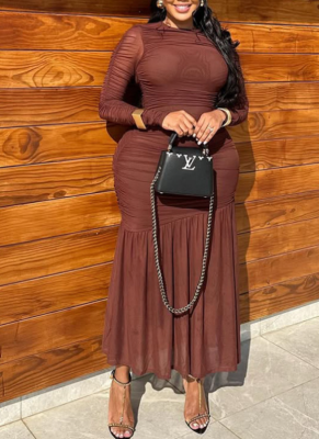 Solid Color High-neck Long-sleeved Pleated Hem Bodycon Dress