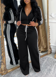 Casual Striped Hooded Cardigan Jacket and Straight-leg Trousers Two-piece Set