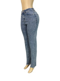Stylish Rhinestone-embellished Slim-fit Jeans With Ripped Pockets and Frayed Edges