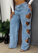 Stylish Straight-leg Jeans With Heart-shaped Cutouts and Rhinestone Studs On The Side
