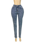 Stylish Rhinestone-embellished Slim-fit Jeans With Ripped Pockets and Frayed Edges