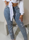 Stylish Rhinestone-embellished Slim-fit Jeans With Ripped Pockets and Frayed Edges