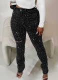 Stylish Rhinestone-embellished Slim-fit Jeans With Ripped Pockets and Frayed Edges