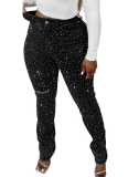 Stylish Rhinestone-embellished Slim-fit Jeans With Ripped Pockets and Frayed Edges