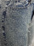 Stylish Rhinestone-embellished Slim-fit Jeans With Ripped Pockets and Frayed Edges