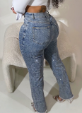 Stylish Rhinestone-embellished Slim-fit Jeans With Ripped Pockets and Frayed Edges