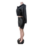 2025 New Style Leather Jacket with Hood Long-Sleeved Top and Shorts Set