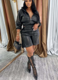 2025 New Style Leather Jacket with Hood Long-Sleeved Top and Shorts Set