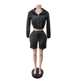 2025 New Style Leather Jacket with Hood Long-Sleeved Top and Shorts Set