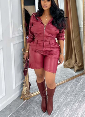 2025 New Style Leather Jacket with Hood Long-Sleeved Top and Shorts Set