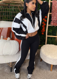 Casual Elastic Waistband Color-blocked Two-piece Sportswear Set