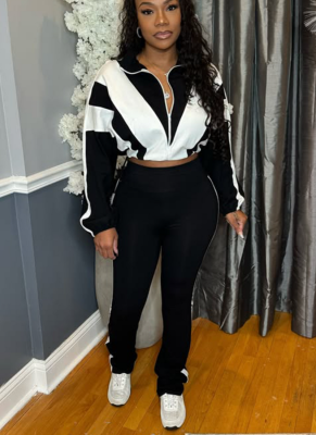 Casual Elastic Waistband Color-blocked Two-piece Sportswear Set