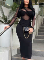 New Round Neck Mesh-paneled Long-sleeved Midi Bodycon Dress