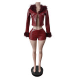 2025 New Style Plush Leather Snake Print Long-Sleeved Shorts Set