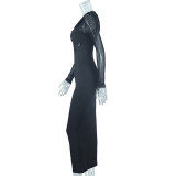 New Round Neck Mesh-paneled Long-sleeved Midi Bodycon Dress