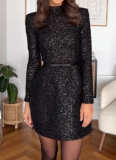 New Sequined Long-sleeved Party Dress With Elastic Waistband
