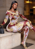 Stylish Printed Comfortable Round Neck Long Sleeve Slim Fit Jumpsuit