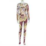 Stylish Printed Comfortable Round Neck Long Sleeve Slim Fit Jumpsuit