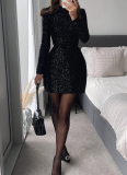 New Sequined Long-sleeved Party Dress With Elastic Waistband