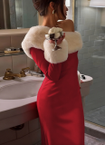Sexy Fur-trimmed One-shoulder Long-sleeved Fitted Long Dress