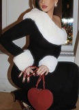 Sexy Fur-trimmed One-shoulder Long-sleeved Fitted Long Dress