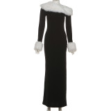 Sexy Fur-trimmed One-shoulder Long-sleeved Fitted Long Dress