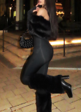 Sexy Off-the-shoulder Fur-trimmed Bodycon Jumpsuit