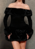 Sexy Off-the-shoulder Backless Fitted Plush Patchwork Dress