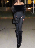 Sexy Off-the-shoulder Fur-trimmed Bodycon Jumpsuit