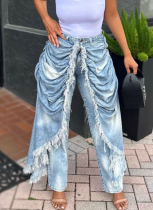 Stylish High-waisted Straight-leg Jeans With Pleated and Frayed Edges