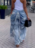Stylish High-waisted Straight-leg Jeans With Pleated and Frayed Edges